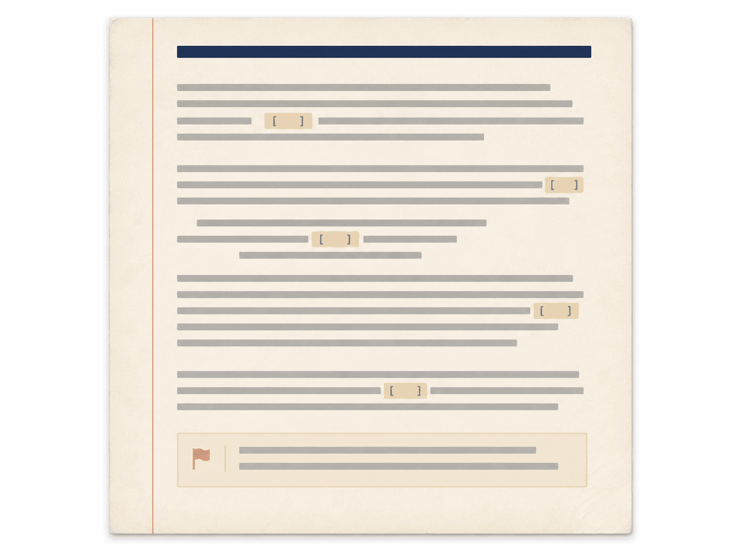 A document draft with bracketed fields and a review flag